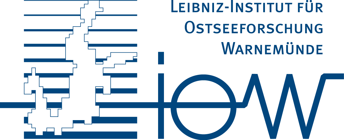 Logo of the Leibniz Institut for Baltic Sea Research (IOW), A cut out of the Baltic Sea over blue lines.